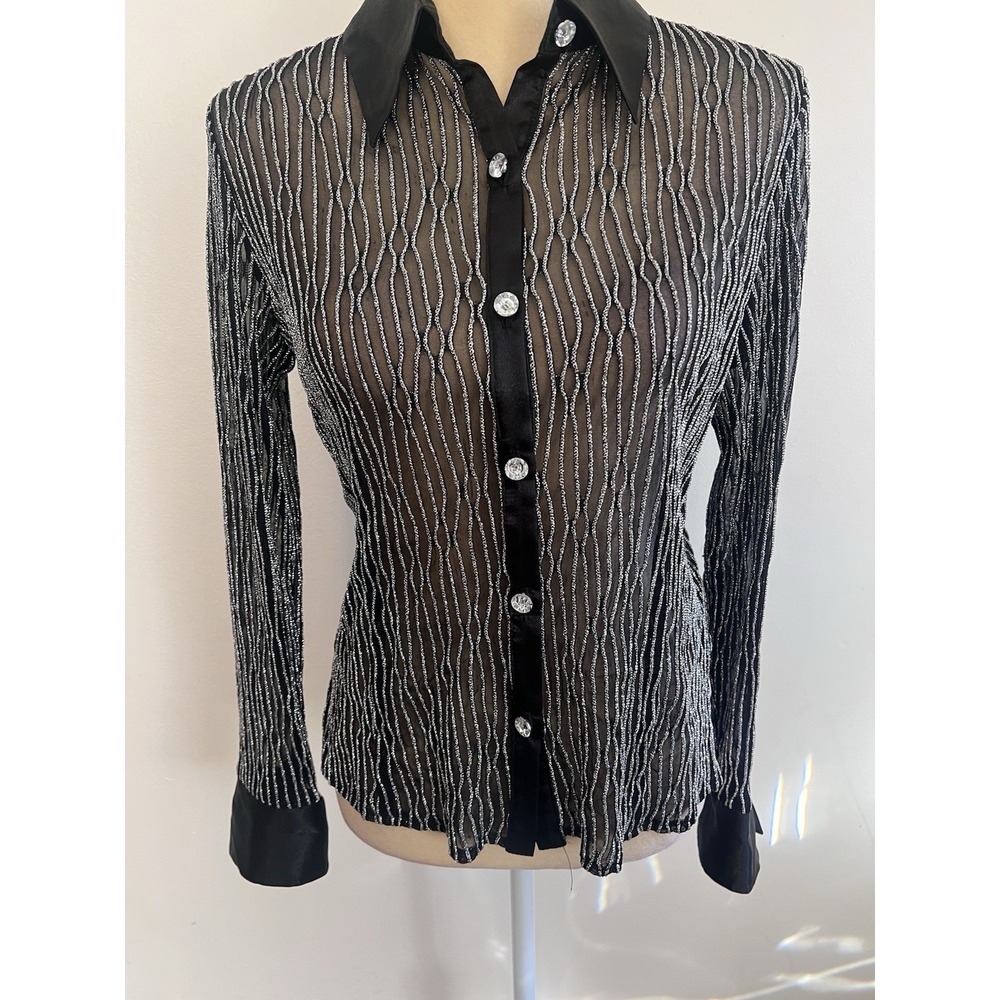 JS Boutique Womens Black Silver Metallic Lurex Sheer Mesh Button Down Blouse 12